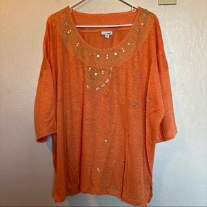 New J Jill Orange Gold Sunset Embellished Linen Shirt 2X